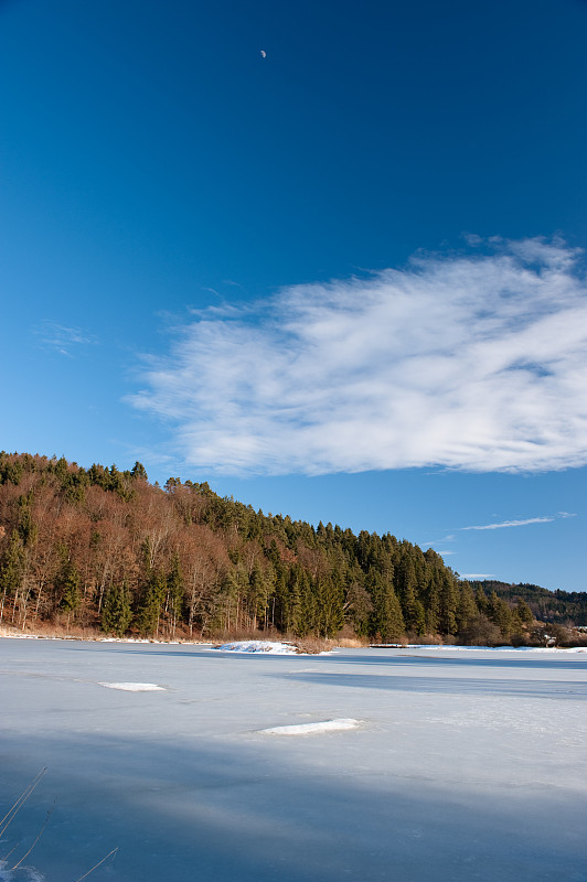 RW, g# 246;llsdorf，冰冻的湖和美丽的森林背景